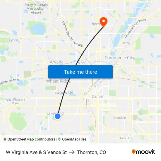 W Virginia Ave & S Vance St to Thornton, CO map