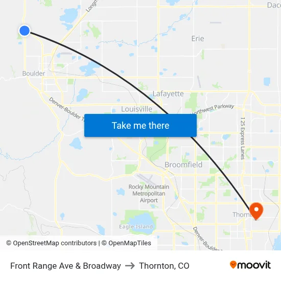 Front Range Ave & Broadway to Thornton, CO map