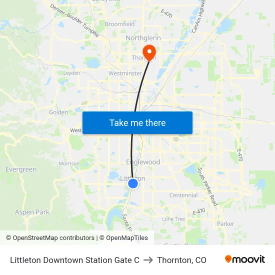 Littleton Downtown Station Gate C to Thornton, CO map