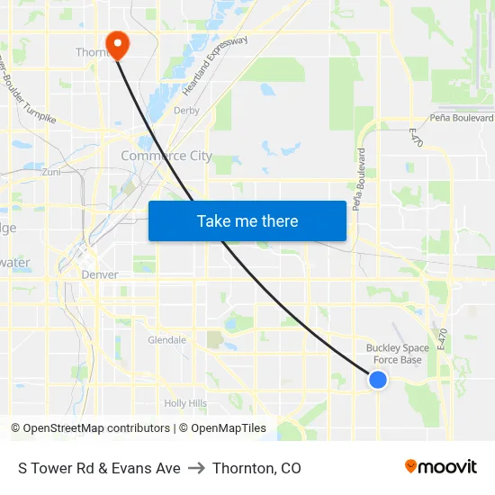 S Tower Rd & Evans Ave to Thornton, CO map