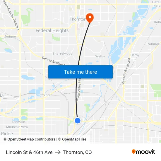 Lincoln St & 46th Ave to Thornton, CO map