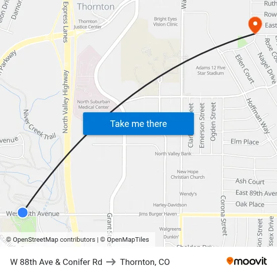 W 88th Ave & Conifer Rd to Thornton, CO map