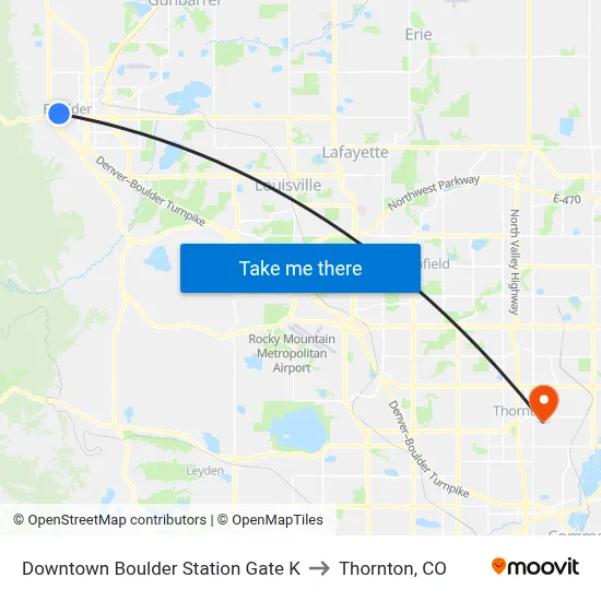 Downtown Boulder Station Gate K to Thornton, CO map