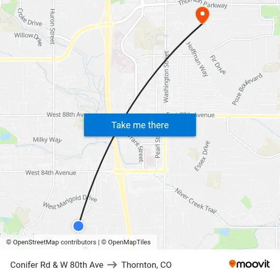 Conifer Rd & W 80th Ave to Thornton, CO map