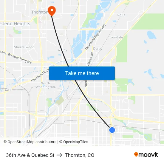 36th Ave & Quebec St to Thornton, CO map