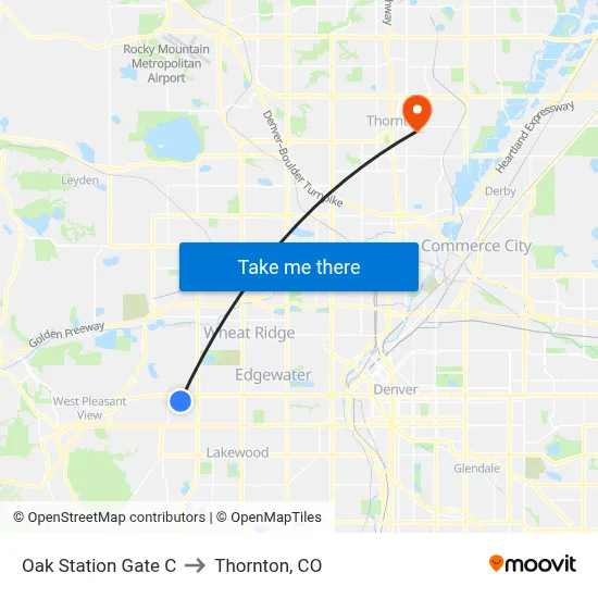 Oak Station Gate C to Thornton, CO map
