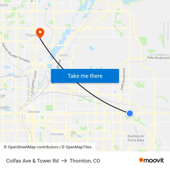 Colfax Ave & Tower Rd to Thornton, CO map