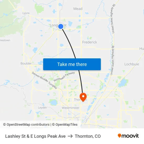 Lashley St & E Longs Peak Ave to Thornton, CO map