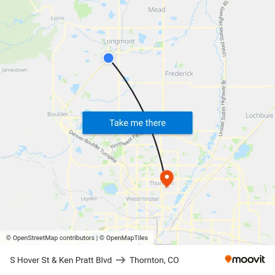 S Hover St & Ken Pratt Blvd to Thornton, CO map