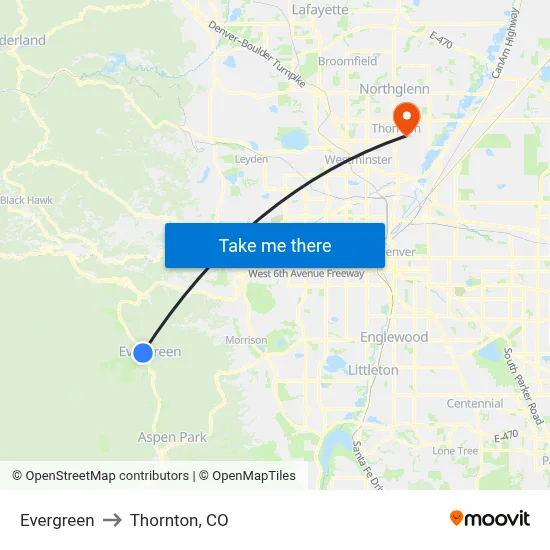 Evergreen to Thornton, CO map