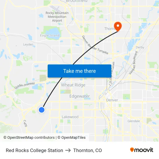 Red Rocks College Station to Thornton, CO map