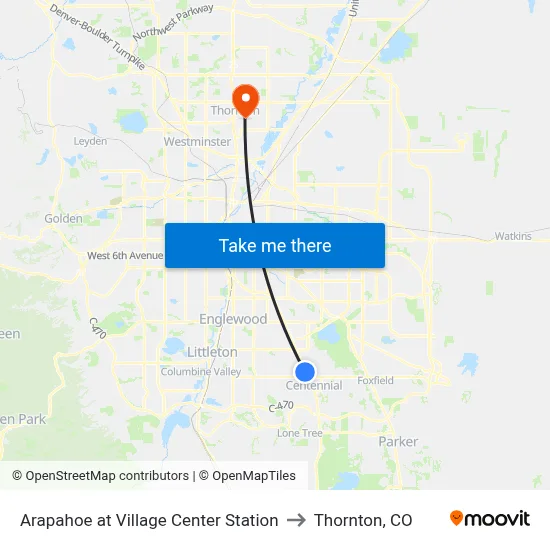 Arapahoe at Village Center Station to Thornton, CO map