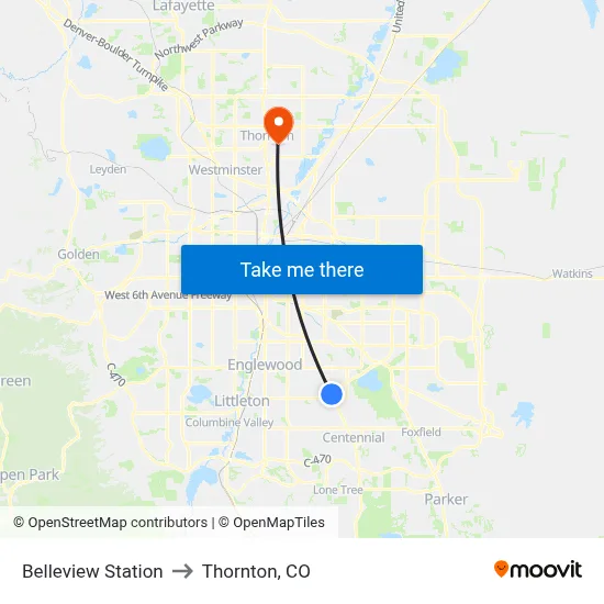 Belleview Station to Thornton, CO map