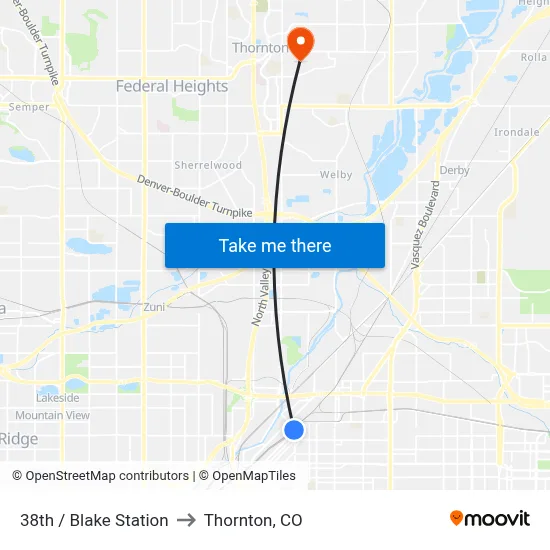 38th / Blake Station to Thornton, CO map