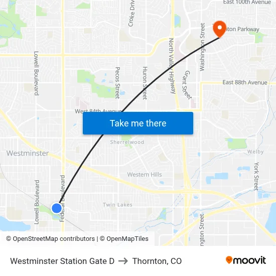 Westminster Station Gate D to Thornton, CO map