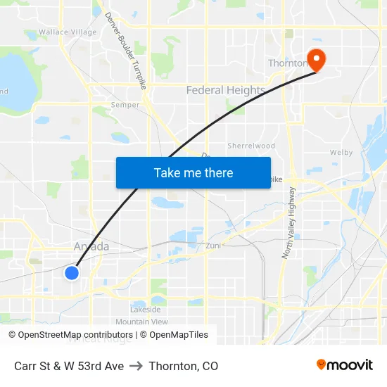 Carr St & W 53rd Ave to Thornton, CO map