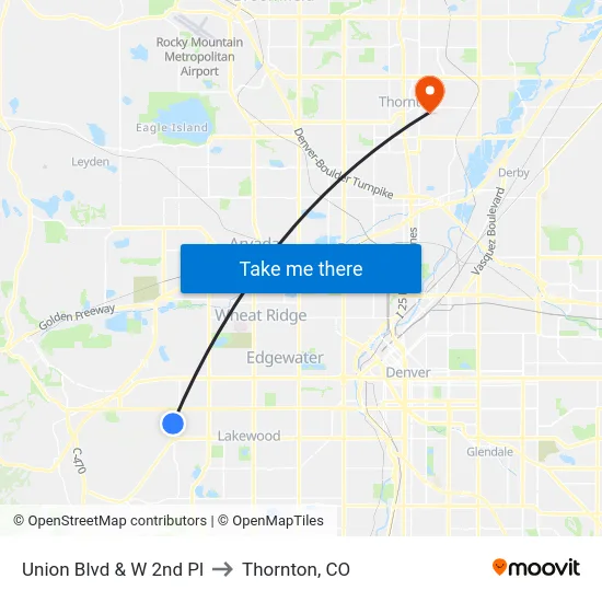 Union Blvd & W 2nd Pl to Thornton, CO map