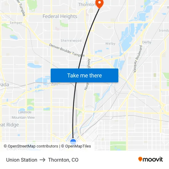 Union Station to Thornton, CO map