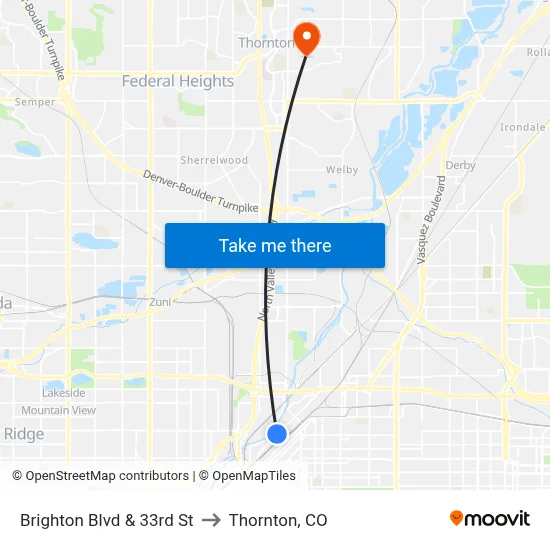 Brighton Blvd & 33rd St to Thornton, CO map