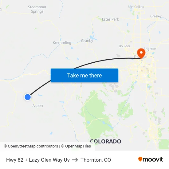 Hwy 82 + Lazy Glen Way Uv to Thornton, CO map