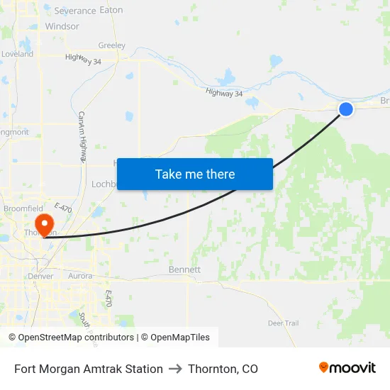 Fort Morgan Amtrak Station to Thornton, CO map