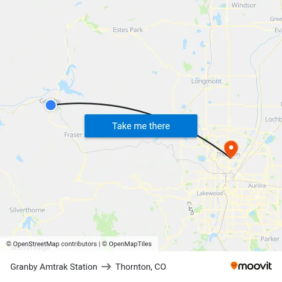 Granby Amtrak Station to Thornton, CO map