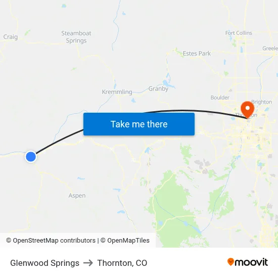 Glenwood Springs to Thornton, CO map
