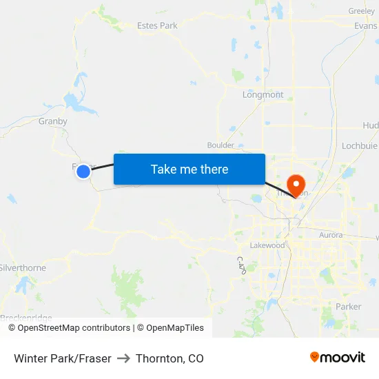 Winter Park/Fraser to Thornton, CO map