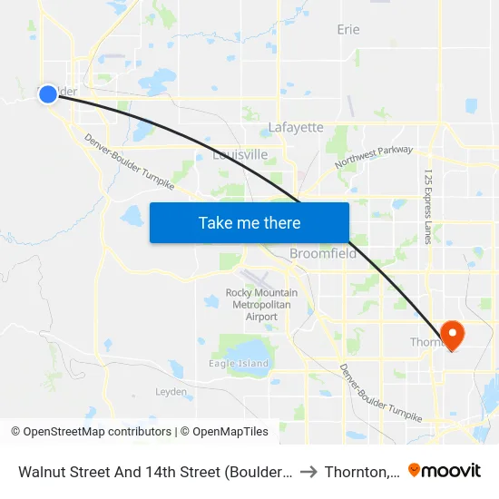 Walnut Street And 14th Street (Boulder Station) to Thornton, CO map
