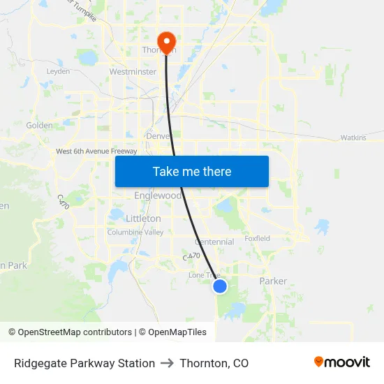 Ridgegate Parkway Station to Thornton, CO map