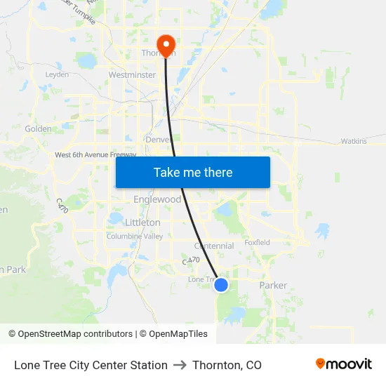Lone Tree City Center Station to Thornton, CO map