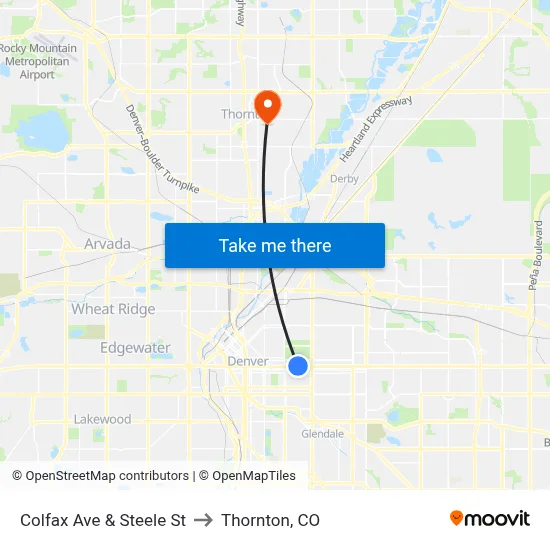 Colfax Ave & Steele St to Thornton, CO map