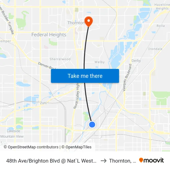 48th Ave/Brighton Blvd @ Nat`L Western Ctr to Thornton, CO map