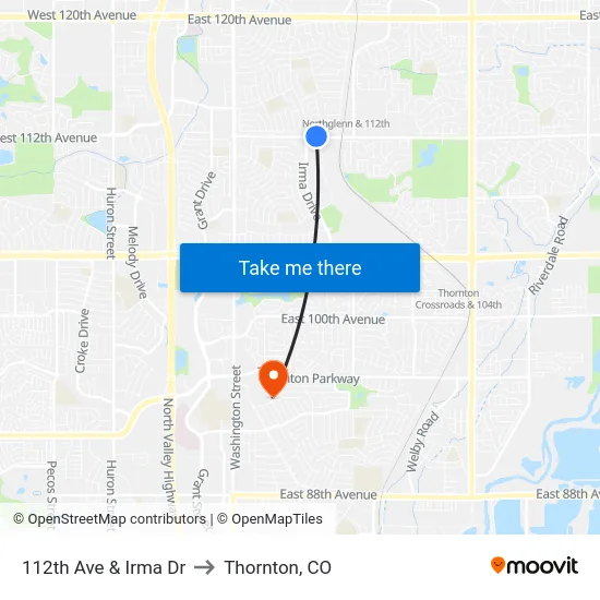 112th Ave & Irma Dr to Thornton, CO map