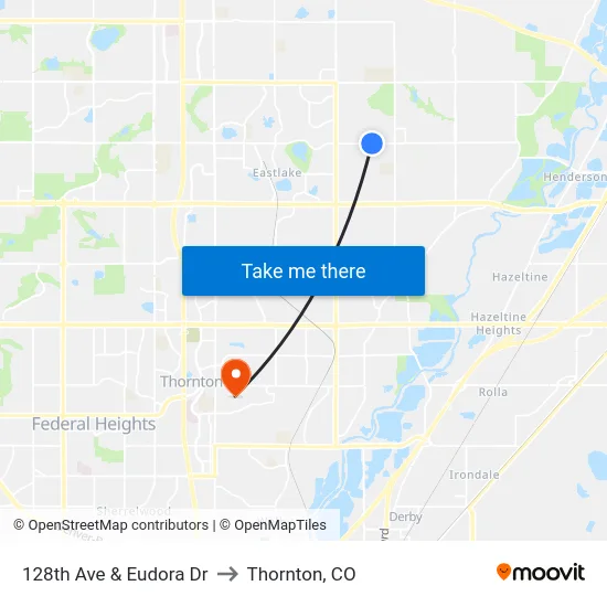 128th Ave & Eudora Dr to Thornton, CO map