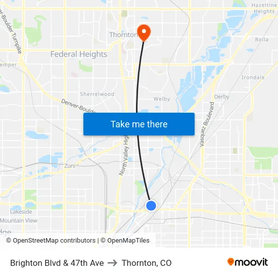 Brighton Blvd & 47th Ave to Thornton, CO map