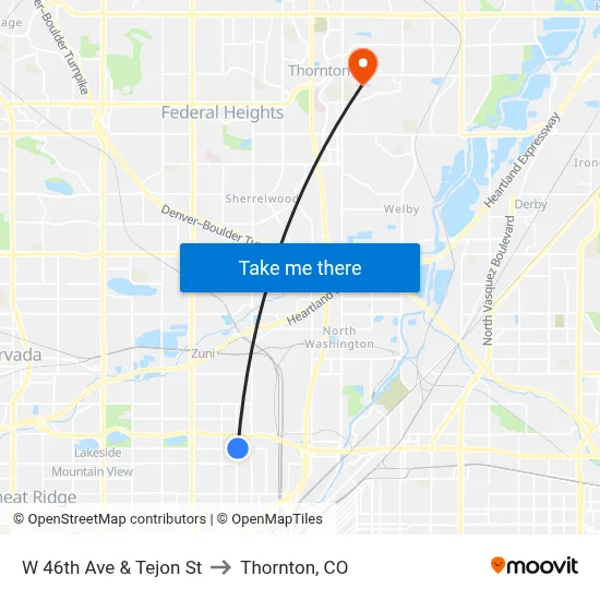 W 46th Ave & Tejon St to Thornton, CO map
