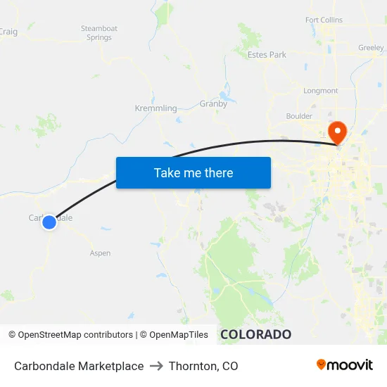 Carbondale Marketplace to Thornton, CO map
