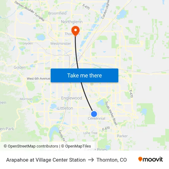 Arapahoe at Village Center Station to Thornton, CO map