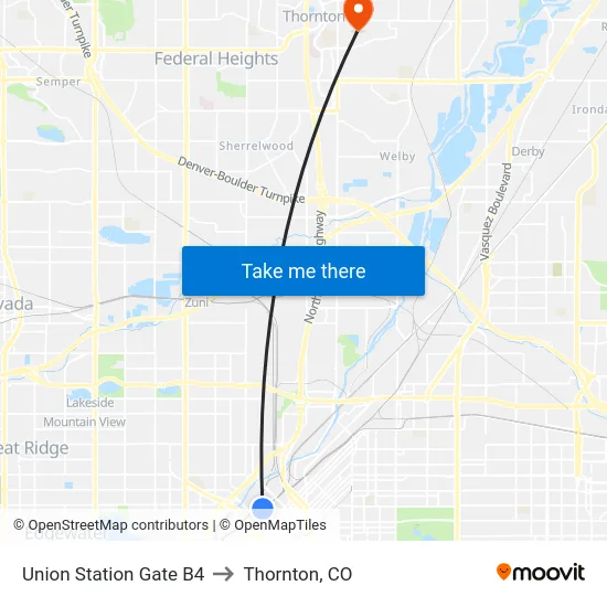 Union Station Gate B4 to Thornton, CO map
