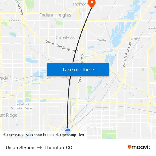 Union Station to Thornton, CO map