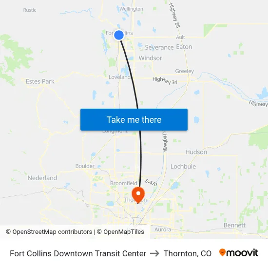 Fort Collins Downtown Transit Center to Thornton, CO map