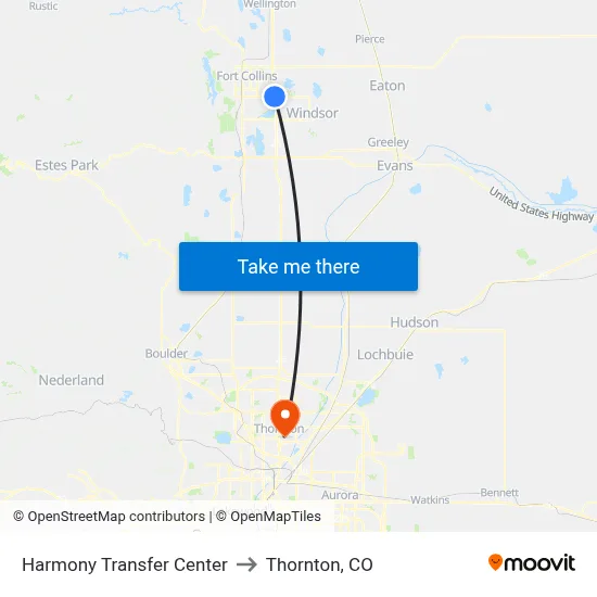 Harmony Transfer Center to Thornton, CO map