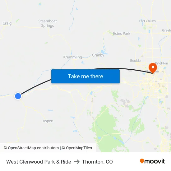West Glenwood Park & Ride to Thornton, CO map