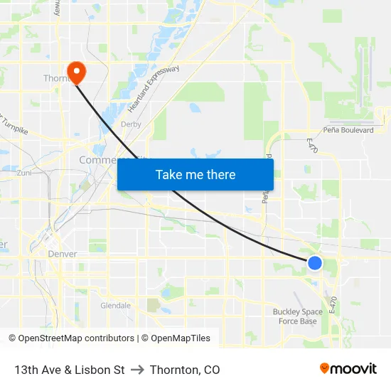 13th Ave & Lisbon St to Thornton, CO map