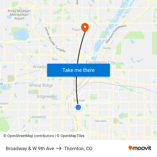 Broadway & W 9th Ave to Thornton, CO map