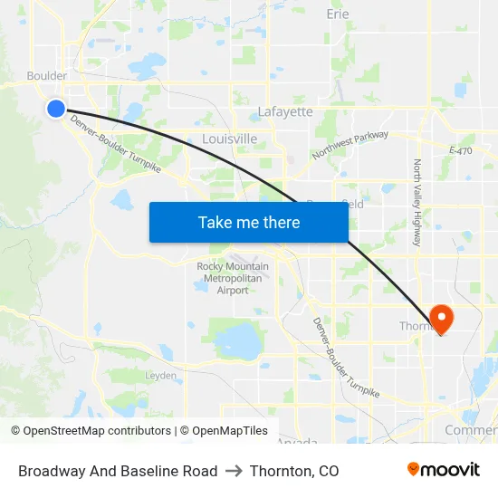 Broadway And Baseline Road to Thornton, CO map