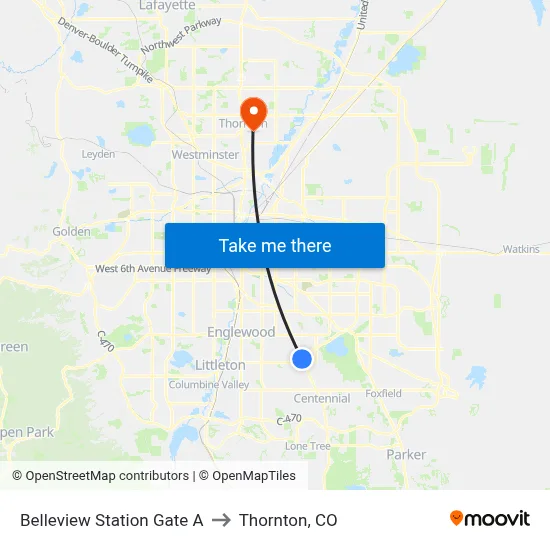 Belleview Station Gate A to Thornton, CO map