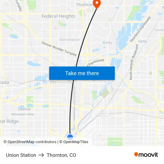 Union Station to Thornton, CO map