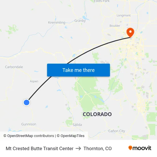 Mt Crested Butte Transit Center to Thornton, CO map